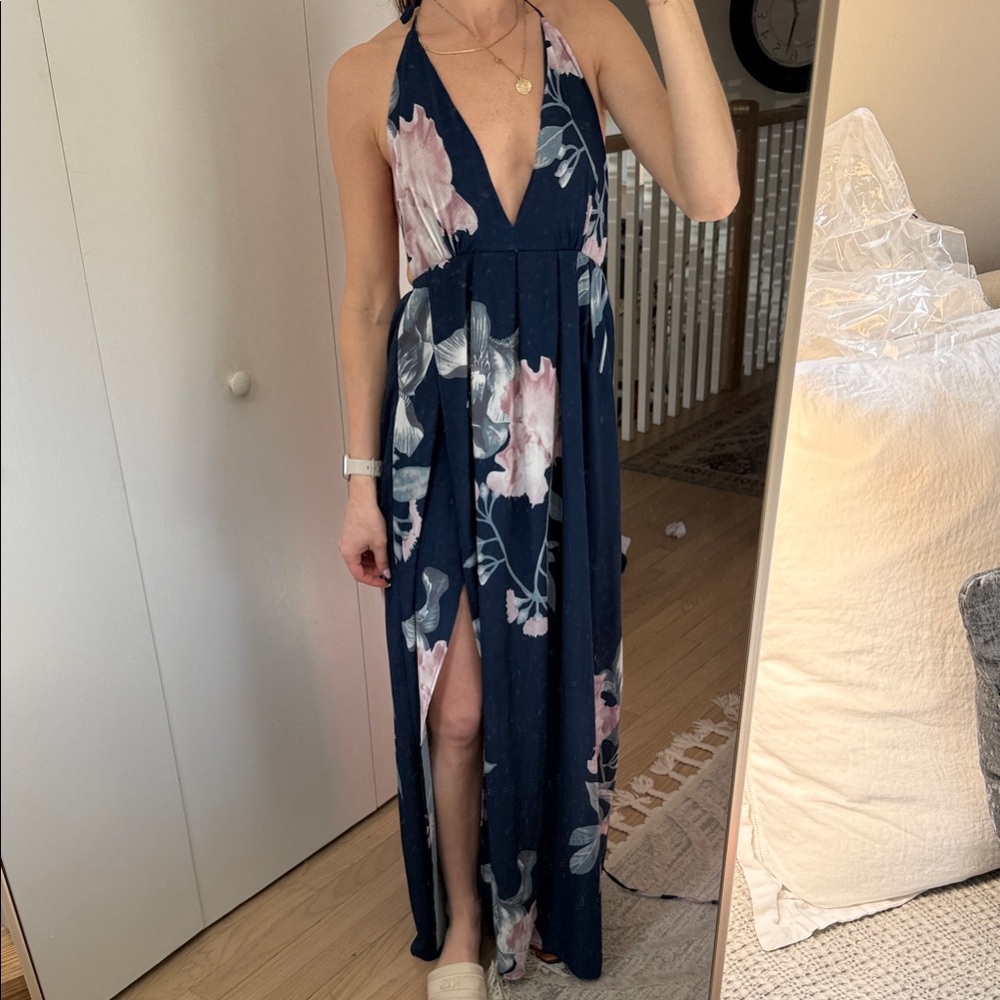 Floral Halter Maxi Dress - Navy and Pink